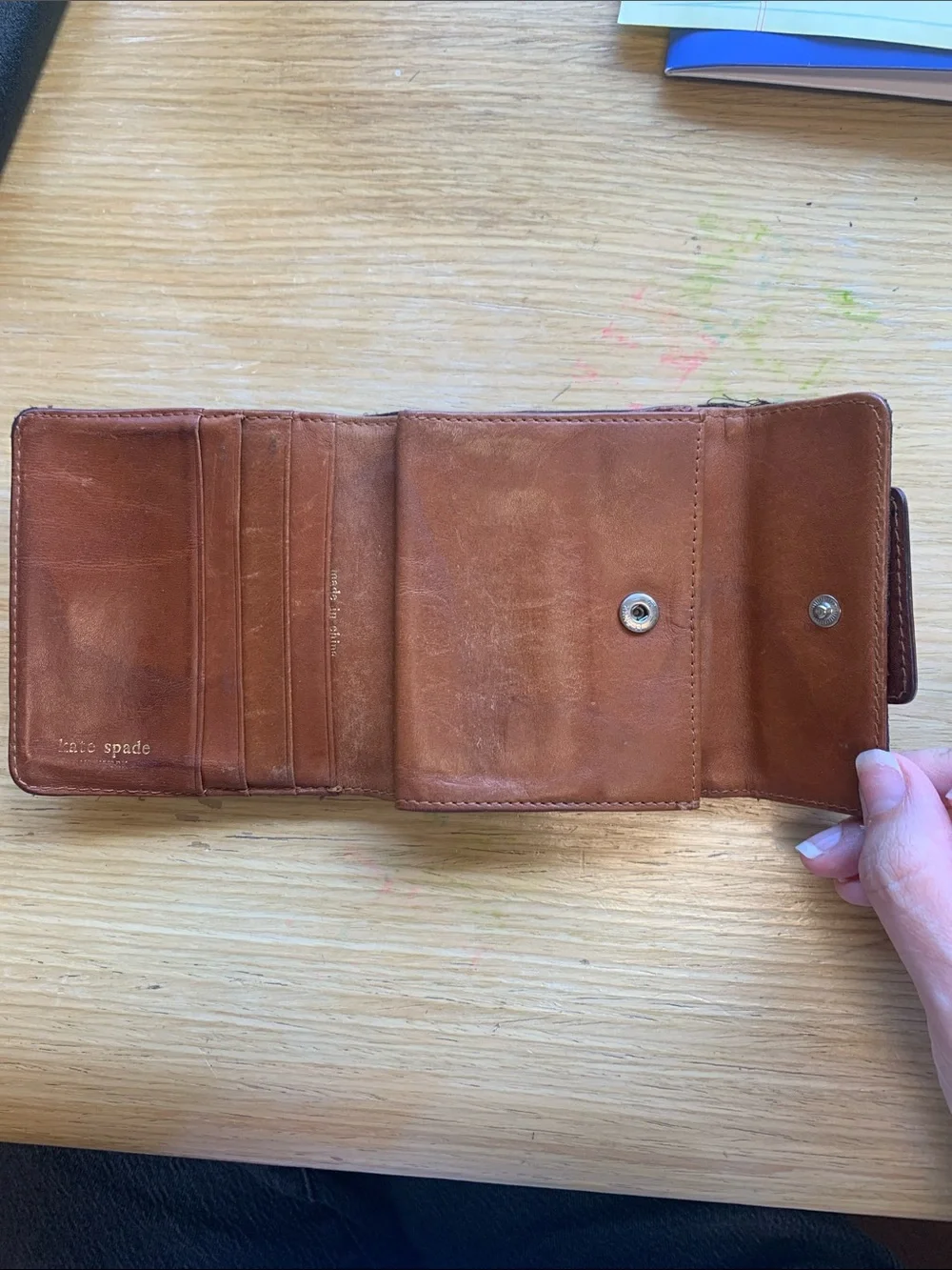 Rare Vintage Kate Spade Brown Canvas Geometric Wallet w Leather Snap Tap AS IS